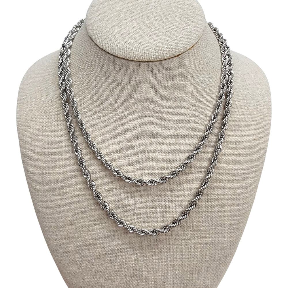 Vintage Silver Tone 36" Twisted Rope Chain Necklace Opera Length Layering